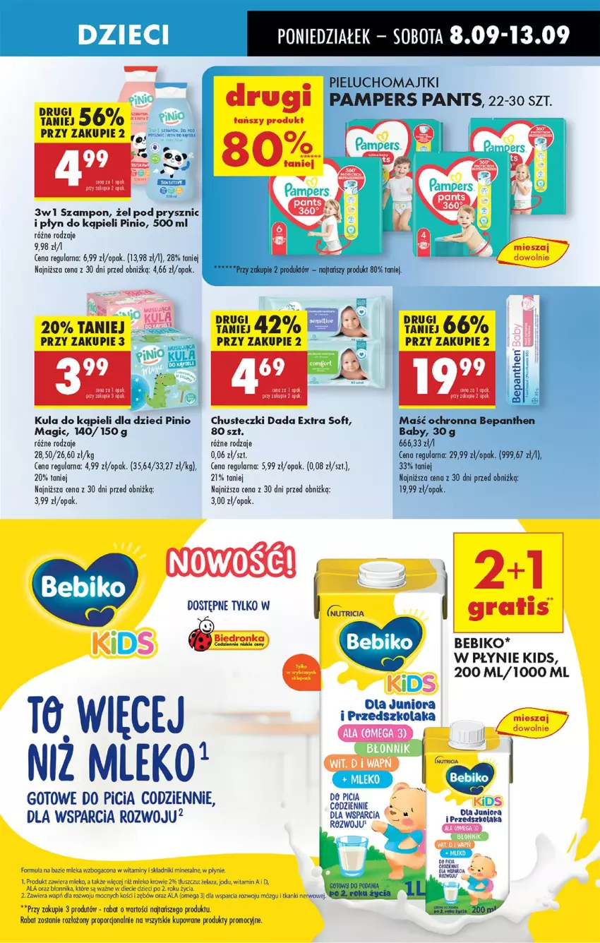 Gazetka promocyjna Biedronka - Od Poniedziałku - ważna 08.09 do 13.09.2025 - strona 63 - produkty: Bebiko, Bepanthen, Chusteczki, Dada, Dzieci, Fa, Gra, Kula do kąpieli, Majtki, Mleko, Pampers, Pieluchomajtki, Płyn do kąpieli, Por, Szampon, Tera