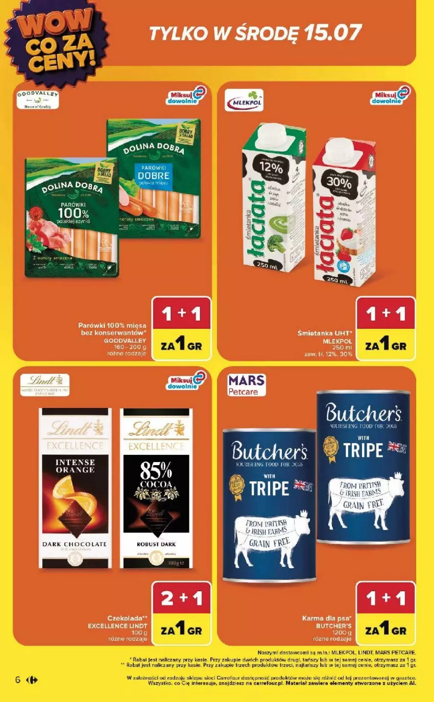 Gazetka promocyjna Carrefour - Gazetka WOW co za ceny! - ważna 13.07 do 18.07.2026 - strona 6 - produkty: Butcher's, Czekolada, Fa, Lindt, Mars, Parówki, Ser