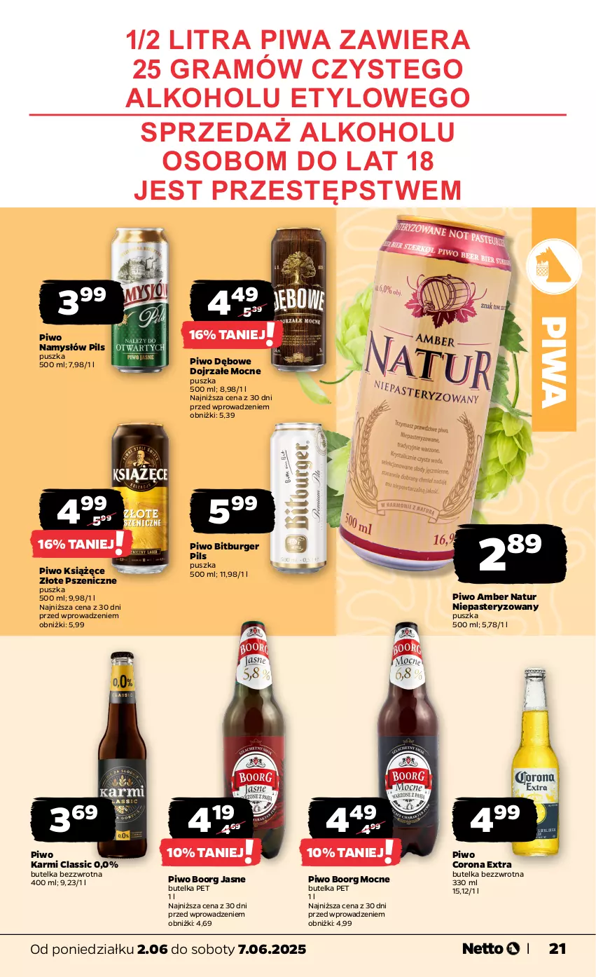 Gazetka promocyjna Netto - Od Poniedziałku - ważna 02.06 do 07.06.2025 - strona 21 - produkty: Bitburger Pils, Burger, Corona Extra, Gra, Karmi, Książęce, Namysłów, Piwa, Piwo