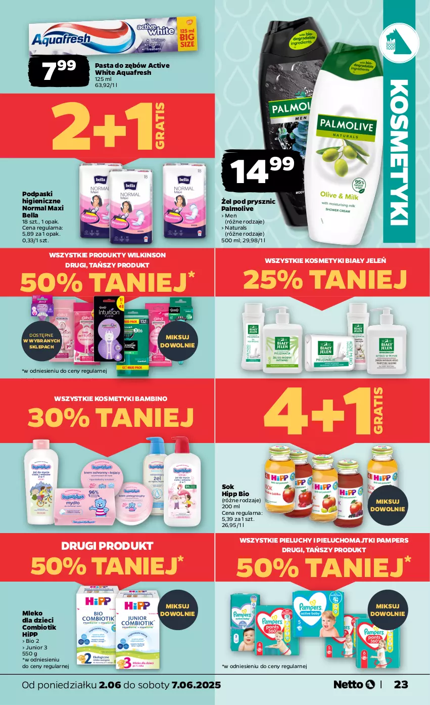 Gazetka promocyjna Netto - Od Poniedziałku - ważna 02.06 do 07.06.2025 - strona 23 - produkty: Aquafresh, Bell, Bella, Biały Jeleń, Dzieci, Gra, HiPP, Hipp Bio, Majtki, Mleko, Mleko dla dzieci, Palmolive, Pampers, Pasta do zębów, Pieluchomajtki, Pieluchy, Podpaski, Sok