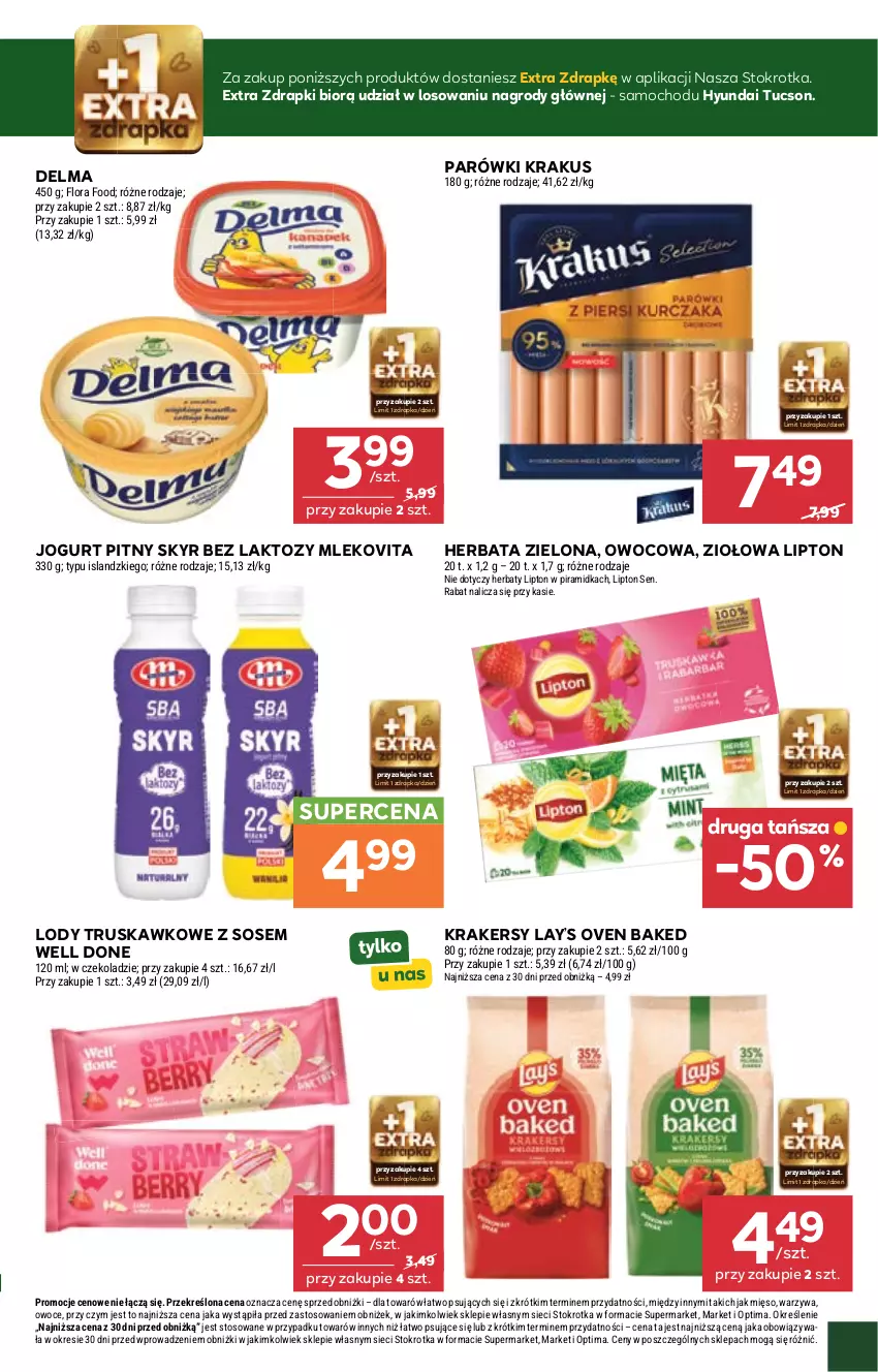 Gazetka promocyjna Stokrotka - Supermarket - ważna 08.10 do 14.10.2026 - strona 13 - produkty: Delma, Flora, Herbata, Isla, Jogurt, Jogurt pitny, Krakersy, Krakus, Lay’s, Lipton, Lody, Mięso, Mleko, Mlekovita, Optima, Owoce, Parówki, Sos, Warzywa