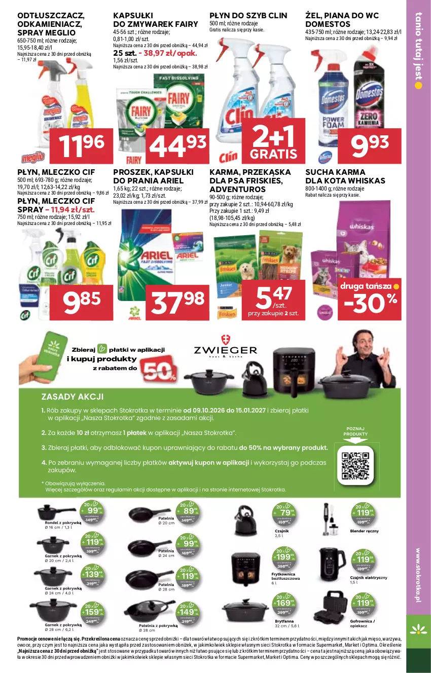 Gazetka promocyjna Stokrotka - Supermarket - ważna 08.10 do 14.10.2026 - strona 49 - produkty: Adventuros, Ariel, Cif, Clin, Domestos, Fa, Fairy, Friskies, Gra, Kapsułki do prania, Mięso, Mleczko, Odkamieniacz, Odtłuszczacz, Optima, Owoce, Płyn do szyb, Sucha karma, Warzywa, Whiskas