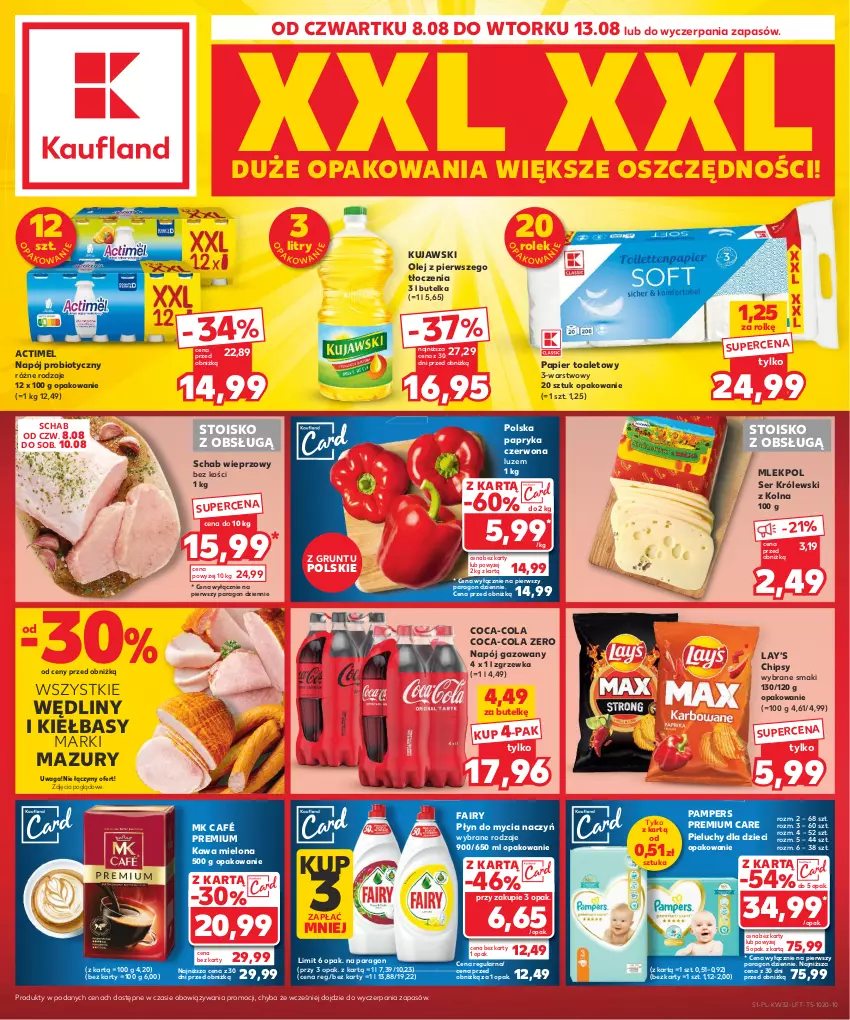 Gazetka promocyjna Kaufland - Gazetka tygodnia - ważna 08.08 do 13.08.2024 - strona 1 - produkty: Actimel, Chipsy, Coca-Cola, Do mycia naczyń, Dzieci, Fa, Fairy, Grunt, Kawa, Kawa mielona, Królewski, Kujawski, Lay’s, Napój, Napój gazowany, Olej, Pampers, Papier, Papier toaletowy, Papryka, Papryka czerwona, Pieluchy, Płyn do mycia, Płyn do mycia naczyń, Schab wieprzowy, Ser, Waga