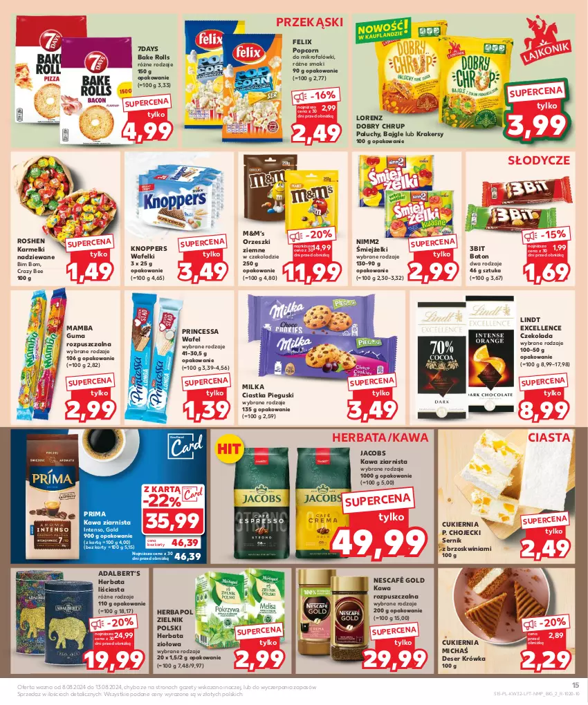 Gazetka promocyjna Kaufland - Gazetka tygodnia - ważna 08.08 do 13.08.2024 - strona 15 - produkty: Bajgle, Bake Rolls, Baton, Ciastka, Cukier, Czekolada, Deser, Fa, Felix, Guma rozpuszczalna, Herbapol, Herbata, Jacobs, Kawa, Kawa rozpuszczalna, Kawa ziarnista, Knoppers, Krakersy, Lindt, Lorenz, Mamba, Milka, Nescafé, Nimm2, Orzeszki, Orzeszki ziemne, Popcorn, Prima, Princessa, Ser