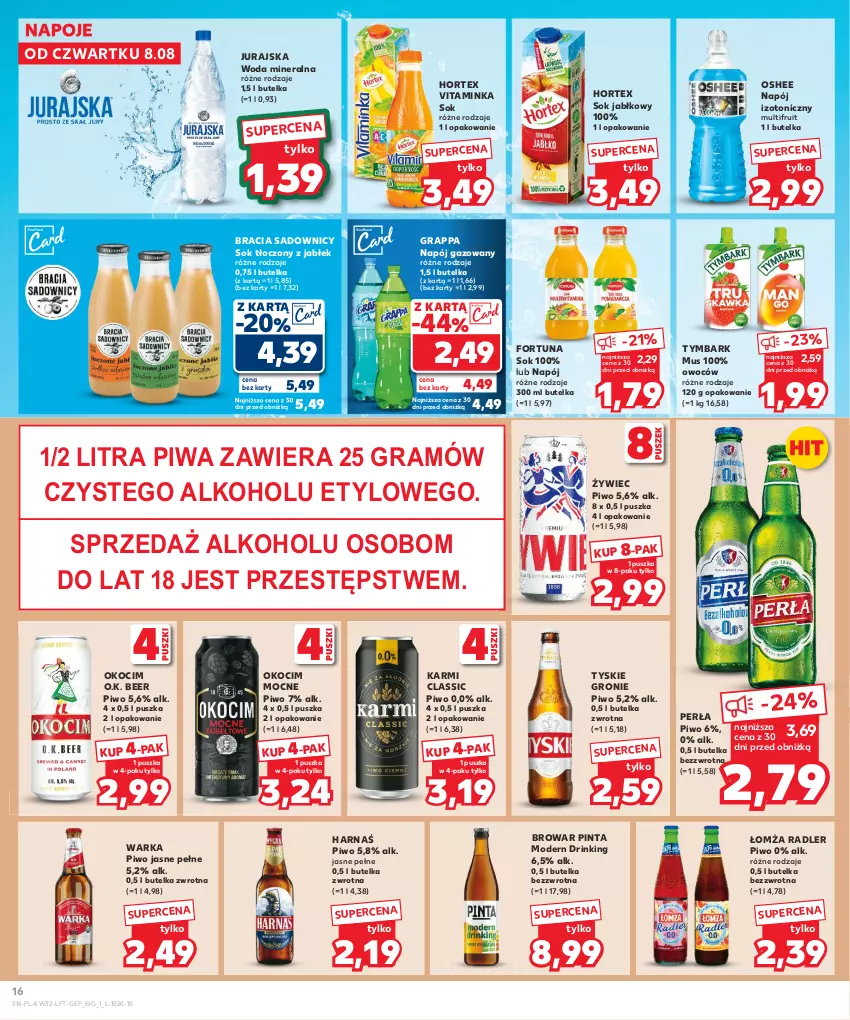 Gazetka promocyjna Kaufland - Gazetka tygodnia - ważna 08.08 do 13.08.2024 - strona 16 - produkty: Fortuna, Gra, Grappa, Harnaś, Hortex, Inka, Karmi, Koc, Mus, Napój, Napój gazowany, Napój izotoniczny, Napoje, Okocim, Oshee, Perła, Piwa, Piwo, Piwo jasne, Radler, Sok, Sok jabłkowy, Tymbark, Tyskie, Warka, Woda, Woda mineralna