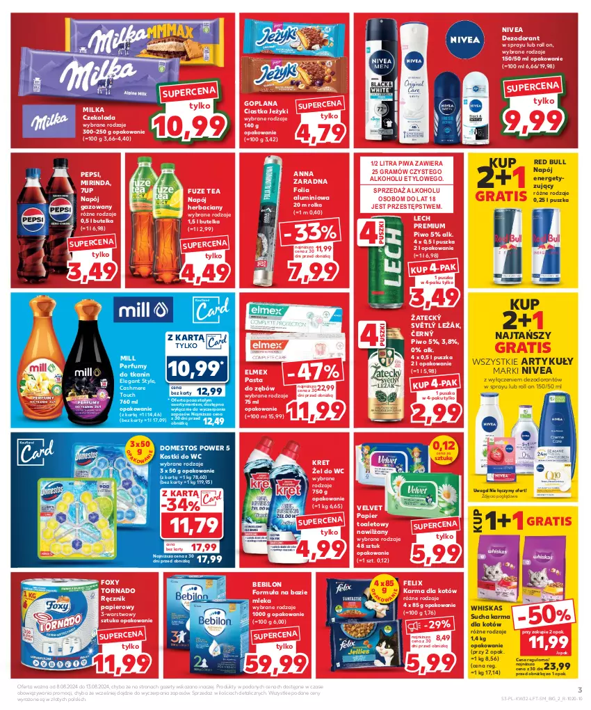 Gazetka promocyjna Kaufland - Gazetka tygodnia - ważna 08.08 do 13.08.2024 - strona 3 - produkty: 7up, BEBILON, Ciastka, Czekolada, Dezodorant, Domestos, Elmex, Felix, Folia aluminiowa, Foxy, Goplana, Gra, Jeżyki, Kret, LANA, Lech Premium, Milka, Mirinda, Napój, Napój gazowany, Nivea, Papier, Papier toaletowy, Pasta do zębów, Pepsi, Perfum, Piwa, Piwo, Ręcznik, Red Bull, Sucha karma, Velvet, Waga, Whiskas