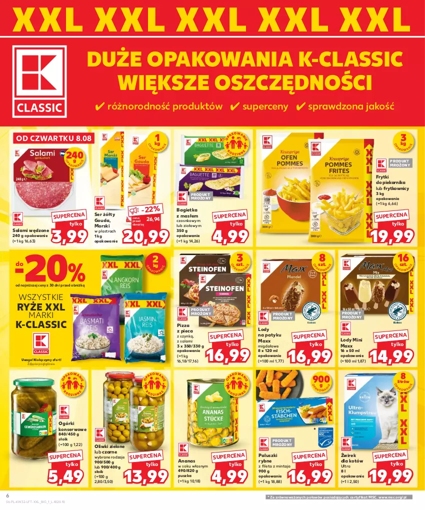 Gazetka promocyjna Kaufland - Gazetka tygodnia - ważna 08.08 do 13.08.2024 - strona 6 - produkty: Ananas, Bagietka, Frytki, Gouda, Lody, Mintaj, Ogórki konserwowe, Oliwki, Oliwki zielone, Paluszki rybne, Piec, Piekarnik, Pizza, Ryż, Salami, Ser, Sok, Waga