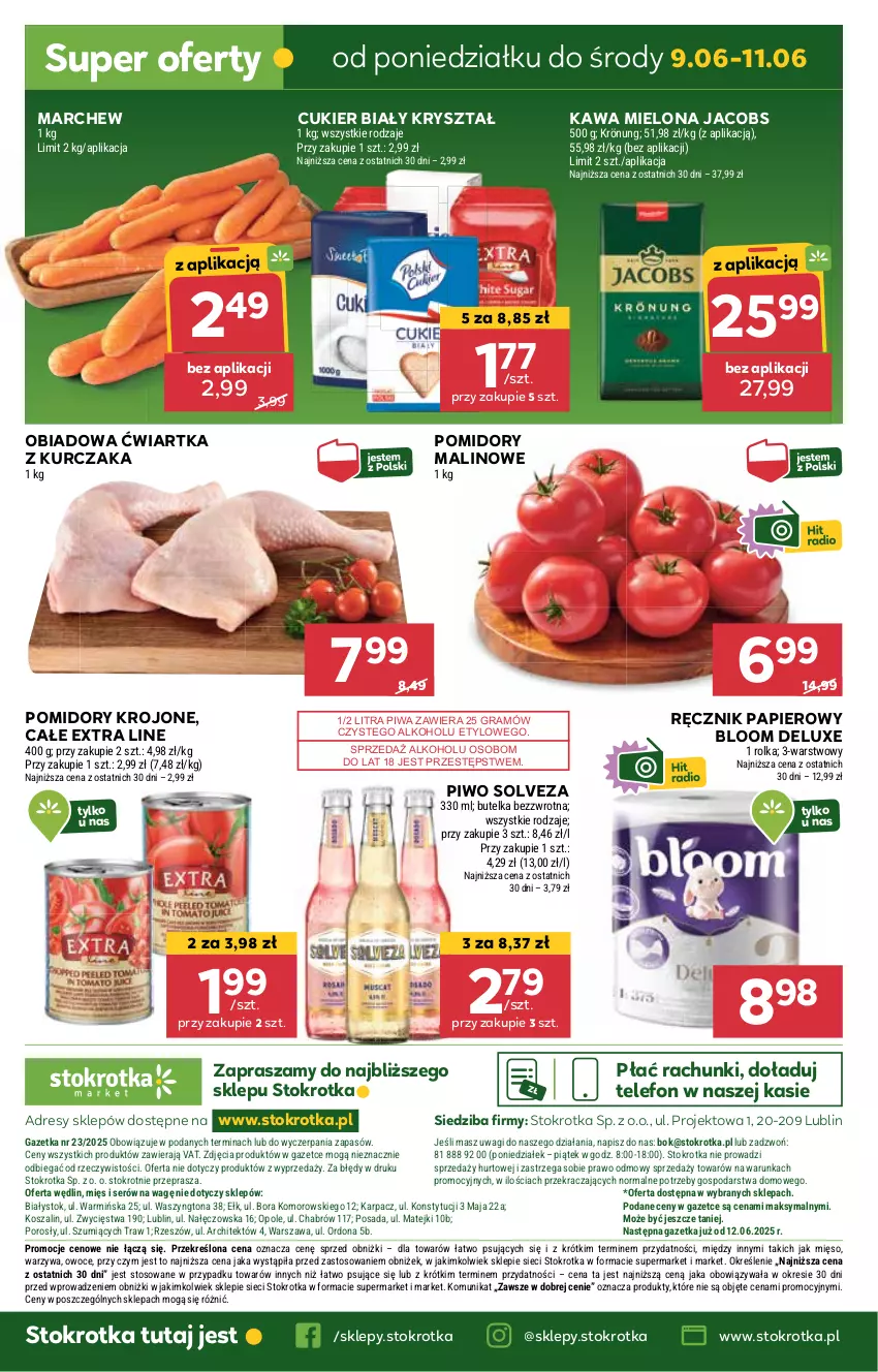 Gazetka promocyjna Stokrotka - Market - ważna 05.06 do 11.06.2025 - strona 18 - produkty: Cukier, Dres, Gra, Jacobs, JBL, Karp, Kawa, Kawa mielona, Kosz, Kurczak, Mięso, O nas, Owoce, Papier, Piwa, Piwo, Pomidory, Pomidory krojone, Por, Ręcznik, Ser, Szal, Telefon, Wagi, Warzywa
