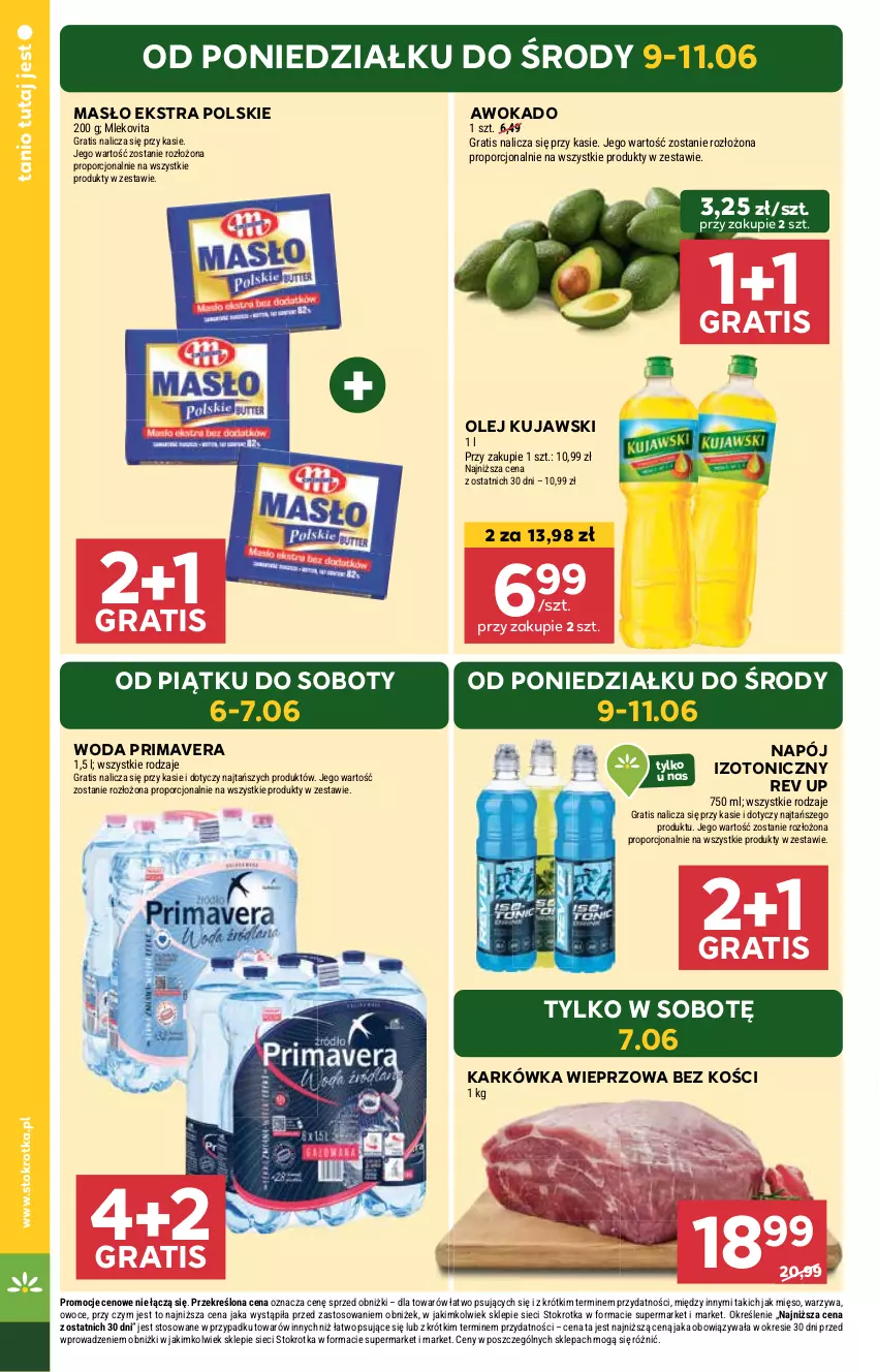 Gazetka promocyjna Stokrotka - Market - ważna 05.06 do 11.06.2025 - strona 4 - produkty: Gra, Karkówka wieprzowa, Kujawski, Masło, Mięso, Mleko, Mlekovita, Napój, Napój izotoniczny, Olej, Owoce, Por, Prima, Primavera, Warzywa, Woda