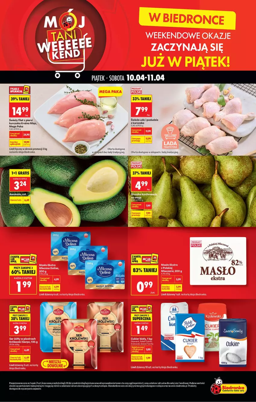 Gazetka promocyjna Biedronka - Tani Weekend - ważna 10.04 do 11.04.2026 - strona 1 - produkty: Cukier, Diamant, Fa, Filet z piersi kurczaka, Kurczak, Masło, Podudzie z kurczaka, Ser, Taca