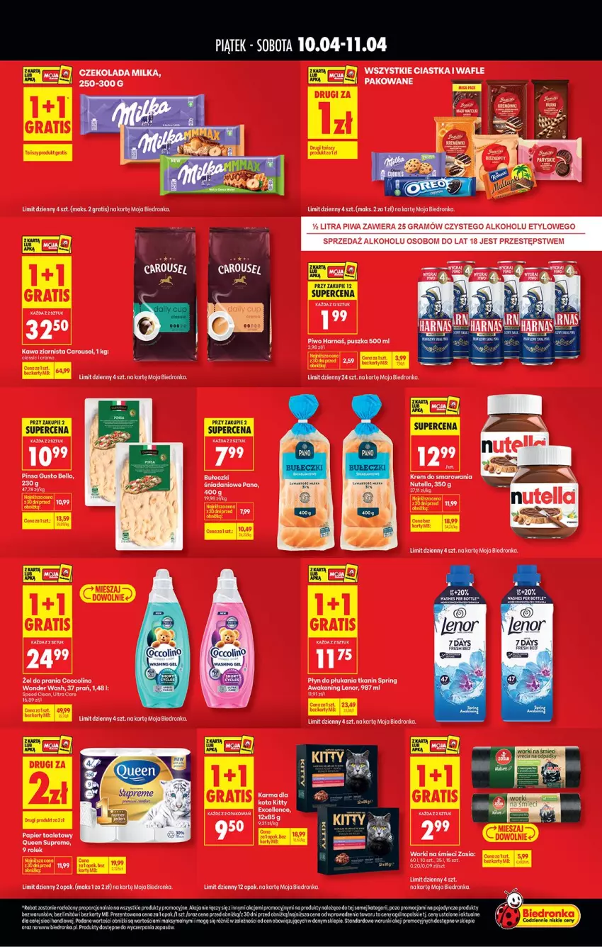Gazetka promocyjna Biedronka - Tani Weekend - ważna 10.04 do 11.04.2026 - strona 2 - produkty: Bell, Ciastka, Czekolada, Danio, Fa, Gra, Harnaś, Kawa, Kawa ziarnista, Lenor, Milka, Nutella, Papier, Papier toaletowy, Piwa, Piwo, Płyn do płukania, Wafle