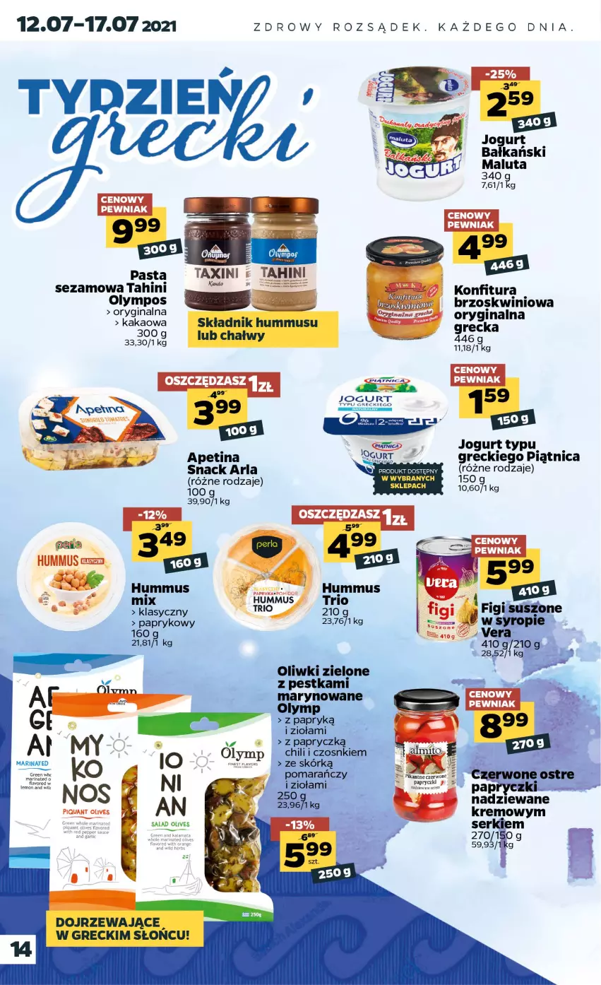 Gazetka promocyjna Netto - Gazetka spożywcza - ważna 12.07 do 17.07.2021 - strona 14 - produkty: Hummus, Jogurt, Konfitura, Mus, Oliwki, Oliwki zielone, Piątnica, Ser, Sezam