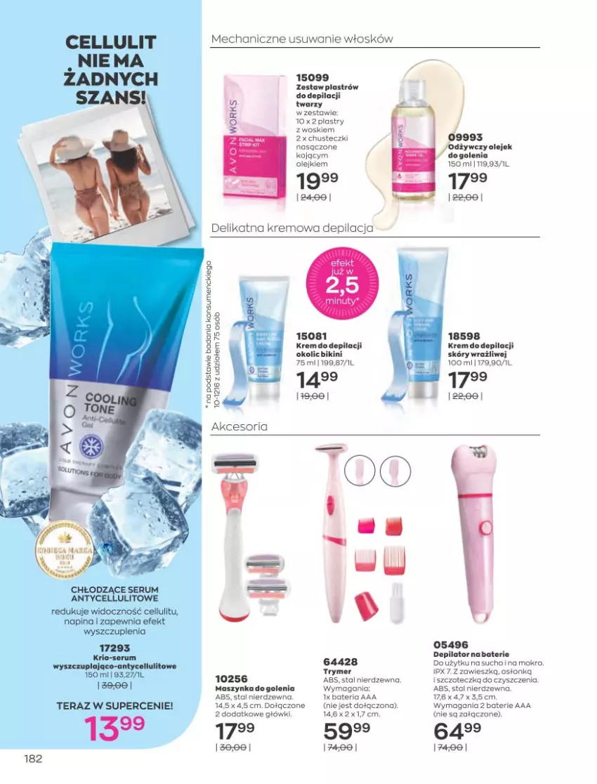 Gazetka promocyjna Avon - Katalog Avon 8/2021 kampania sierpień - ważna 01.08 do 31.08.2021 - strona 178 - produkty: Bateria, Bikini, Chusteczki, Depilator, Krem do depilacji, Maszynka, Maszynka do golenia, Olej, Rum, Ser, Serum, Szynka, Tera