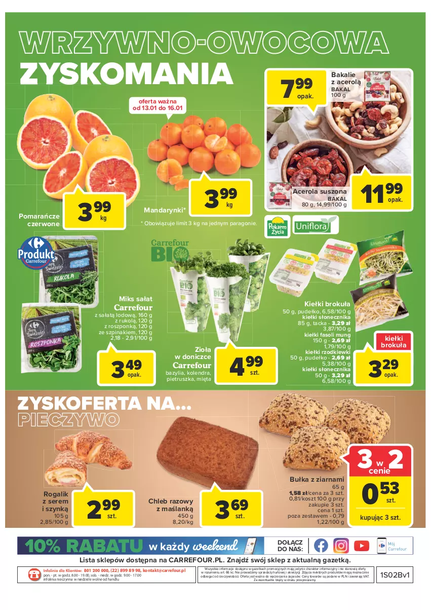 Gazetka promocyjna Carrefour - Gazetka Market Targ świeżości - ważna 11.01 do 17.01.2022 - strona 2 - produkty: Acer, Bazyl, Bazylia, Bułka, Chleb, Fa, Fasoli mung, Kiełki, Kolendra, Kosz, Mandarynki, Mięta, O nas, Piec, Pieczywo, Pietruszka, Pomarańcze, Pudełko, Rogal, Sałat, Ser, Szpinak, Zioła w doniczce