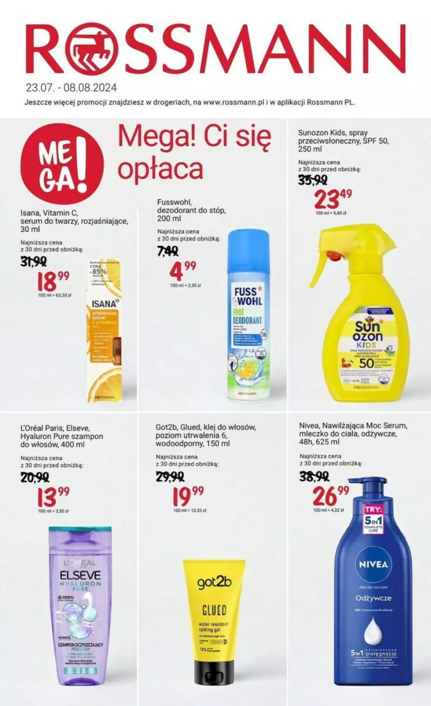 Gazetka promocyjna Rossmann - ważna 23.07 do 08.08.2024 - strona 1 - produkty: Dezodorant, Elseve, Got2b, Isana, Klej, Mleczko, Mleczko do ciała, Nivea, Por, Pur, Rum, Ser, Serum, Serum do twarzy, Szampon