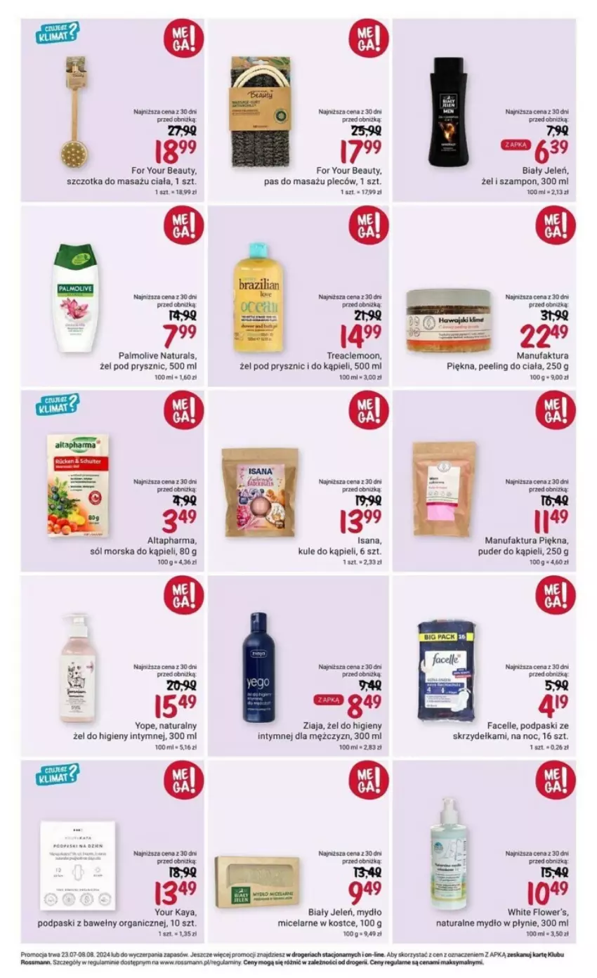 Gazetka promocyjna Rossmann - ważna 23.07 do 08.08.2024 - strona 13 - produkty: Fa, Facelle, For Your Beauty, Mydło, Palmolive, Peeling, Podpaski, Podpaski ze skrzydełkami, Puder, Puder do kąpieli, Sól, Szampon, Szczotka, Tera, Yope, Ziaja