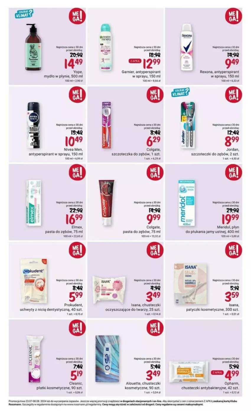 Gazetka promocyjna Rossmann - ważna 23.07 do 08.08.2024 - strona 14 - produkty: Alouette, Antyperspirant, Chusteczki, Chusteczki kosmetyczne, Cleanic, Colgate, Elmex, Garnier, LG, Mydło, Mydło w płynie, Nivea, Pasta do zębów, Patyczki kosmetyczne, Płatki kosmetyczne, Płyn do płukania, Płyn do płukania jamy ustnej, Prokudent, Rexona, Szczoteczka, Szczoteczka do zębów, Uchwyty