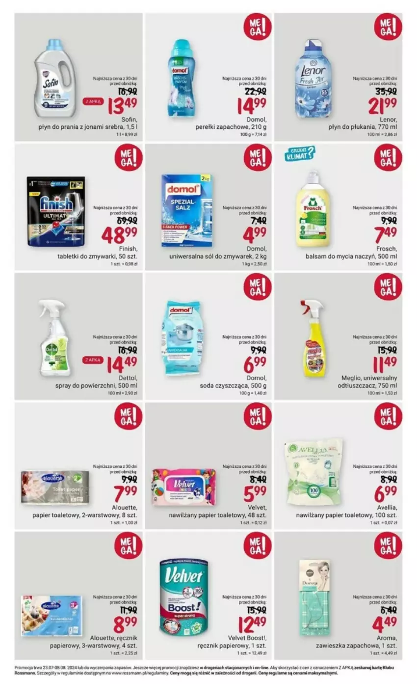 Gazetka promocyjna Rossmann - ważna 23.07 do 08.08.2024 - strona 15 - produkty: Alouette, Balsam do mycia naczyń, Do mycia naczyń, Nawilżany papier, Papier, Papier toaletowy, Perełki zapachowe, Płyn do płukania, Płyn do prania, Ręcznik, Sól, Tablet, Tabletki do zmywarki, Velvet, Zmywarki