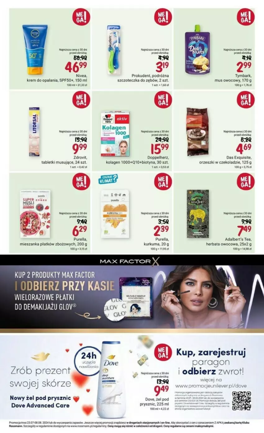 Gazetka promocyjna Rossmann - ważna 23.07 do 08.08.2024 - strona 6 - produkty: Advanced Care, Doppelherz, Dove, Exquisite, Fa, Herbata, Herbata owocowa, Kolagen, Kurkuma, Makijaż, Max Factor, Mus, Nivea, Orzeszki, Por, Prokudent, Pur, Szczoteczka, Szczoteczka do zębów, Tablet, Tabletki musujące, Tera, Tymbark