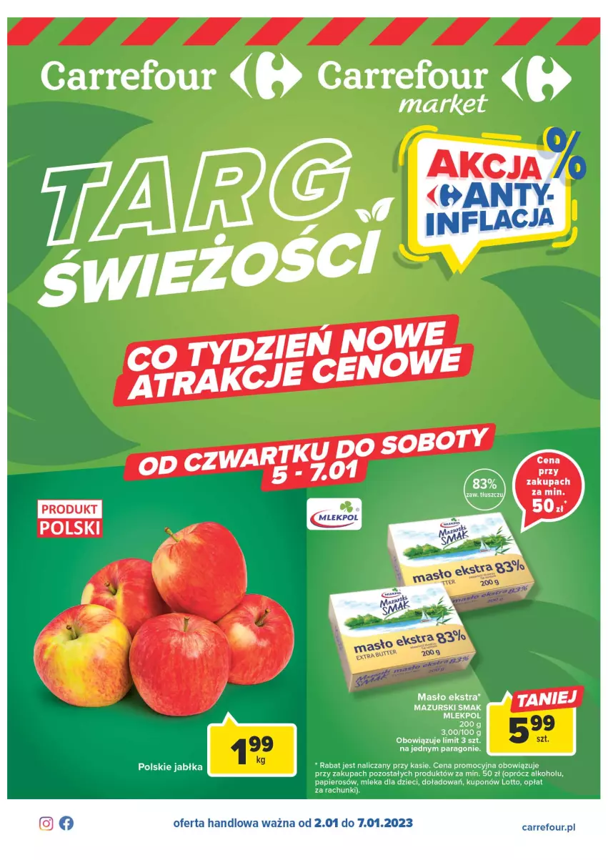 Gazetka promocyjna Carrefour - Gazetka Targ świeżości - ważna 02.01 do 07.01.2023 - strona 1 - produkty: Dzieci, Jabłka, Masło, Papier