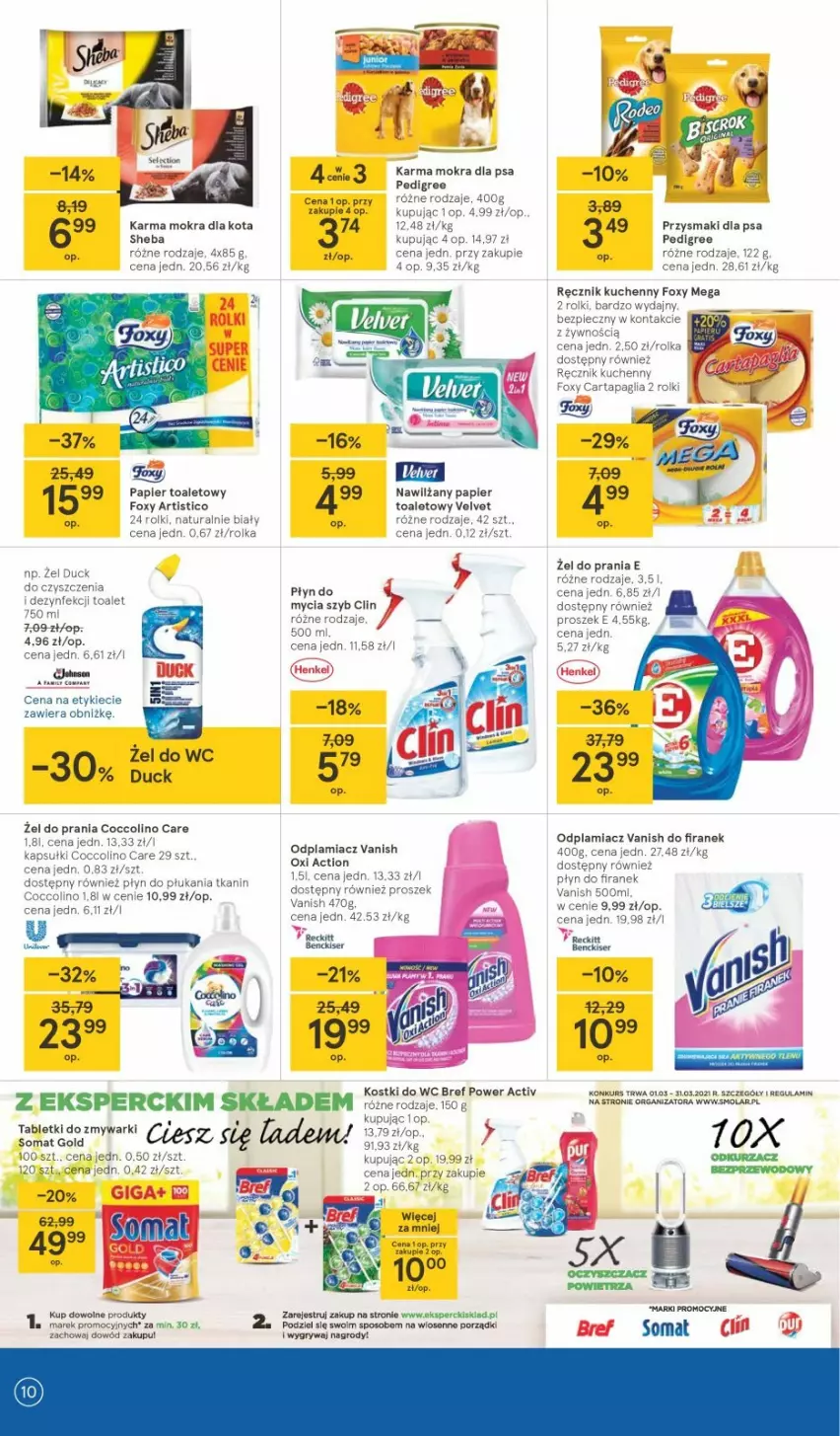 Gazetka promocyjna Tesco - Tesco gazetka - przyszły tydzień - ważna 11.03 do 17.03.2021 - strona 10 - produkty: Bref, Clin, Coccolino, Duck, Foxy, Nawilżany papier, Odplamiacz, Papier, Papier toaletowy, Pedigree, Piec, Płyn do płukania, Por, Przysmaki, Ręcznik, Ręcznik kuchenny, Rolki, Ser, Tablet, Tabletki do zmywarki, Vanish, Velvet, Zmywarki