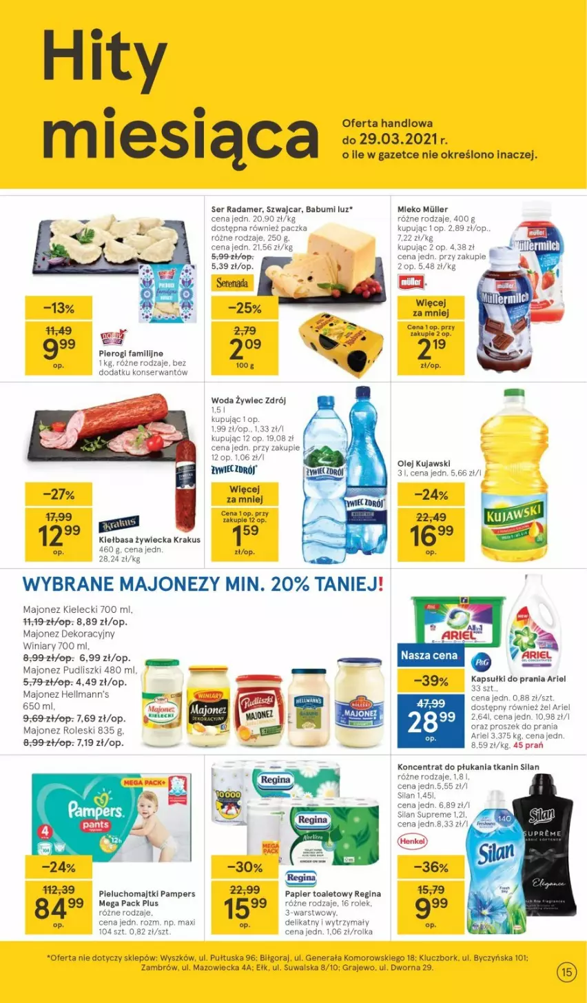 Gazetka promocyjna Tesco - Tesco gazetka - przyszły tydzień - ważna 11.03 do 17.03.2021 - strona 15 - produkty: Ariel, Fa, Gin, Gra, Kapsułki do prania, Kiełbasa, Krakus, Kujawski, Majonez, Majtki, Mleko, Olej, Pampers, Papier, Papier toaletowy, Pieluchomajtki, Pierogi, Proszek do prania, Radamer, Ser, Silan, Winiary, Woda