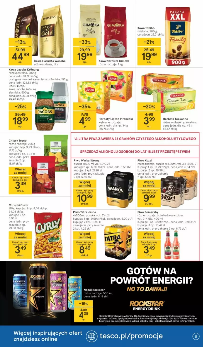 Gazetka promocyjna Tesco - Tesco gazetka - przyszły tydzień - ważna 11.03 do 17.03.2021 - strona 9 - produkty: Chrupki, Jacobs, Kawa, Kawa ziarnista, Kozel, Lipton, Piwo, Woseba