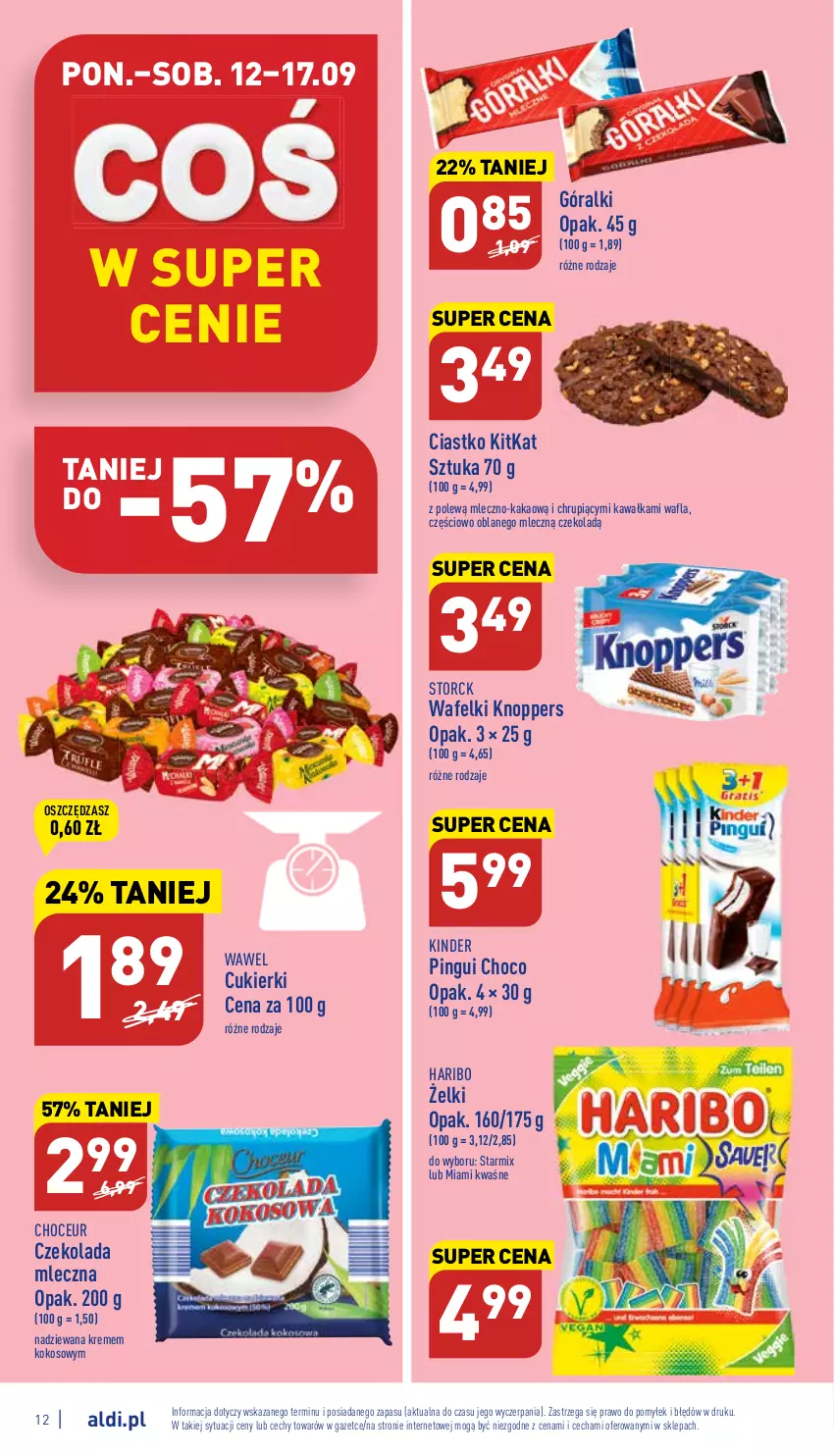 Gazetka promocyjna Aldi - Katalog spożywczy - ważna 12.09 do 17.09.2022 - strona 12 - produkty: Cukier, Cukierki, Czekolada, Czekolada mleczna, Góralki, Haribo, Kakao, Kawa, Kinder, Knoppers, Kokos, Wawel