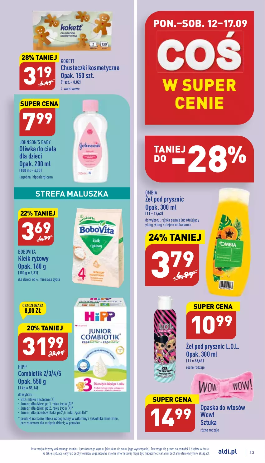 Gazetka promocyjna Aldi - Katalog spożywczy - ważna 12.09 do 17.09.2022 - strona 13 - produkty: Baby O, BoboVita, Chusteczki, Chusteczki kosmetyczne, Dzieci, Fa, HiPP, Johnson's, Johnson's Baby, L.O.L., Mleko, O nas, Olej, Opaska, Opaska do włosów, Papaja, Ryż