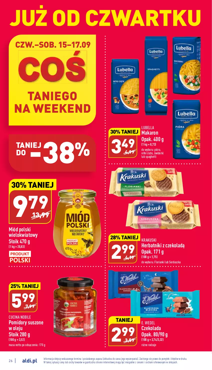 Gazetka promocyjna Aldi - Katalog spożywczy - ważna 12.09 do 17.09.2022 - strona 26 - produkty: Bell, Bella, Czekolada, E. Wedel, Herbatniki, Krakus, Krakuski, Lubella, Makaron, Miód, Olej, Pomidory, Ser, Spaghetti