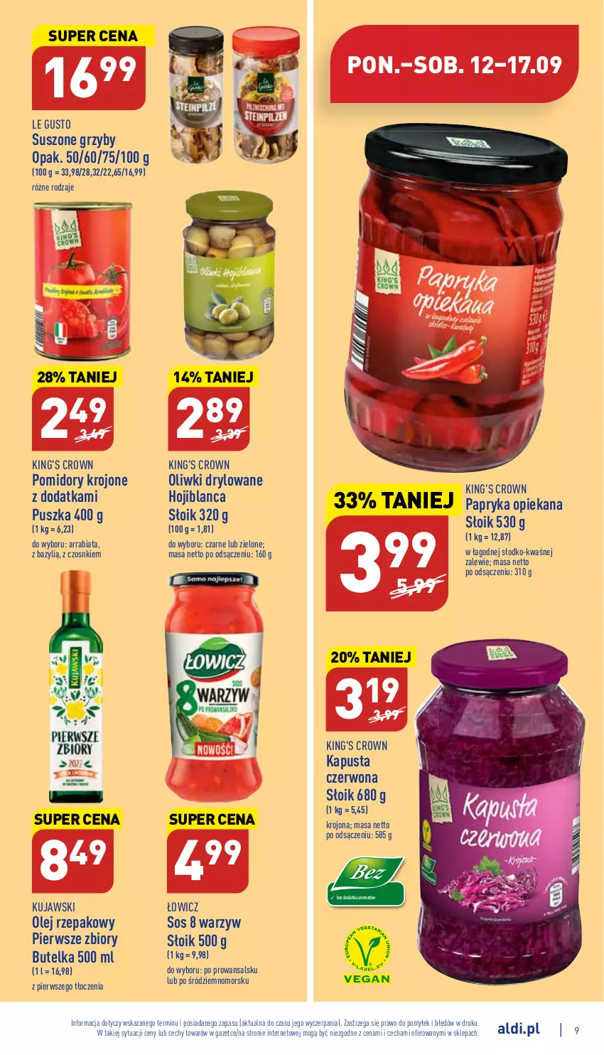 Gazetka promocyjna Aldi - Katalog spożywczy - ważna 12.09 do 17.09.2022 - strona 9 - produkty: Bazyl, Grzyby, Kujawski, Olej, Olej rzepakowy, Oliwki, Papryka, Pomidory, Pomidory krojone, Sos