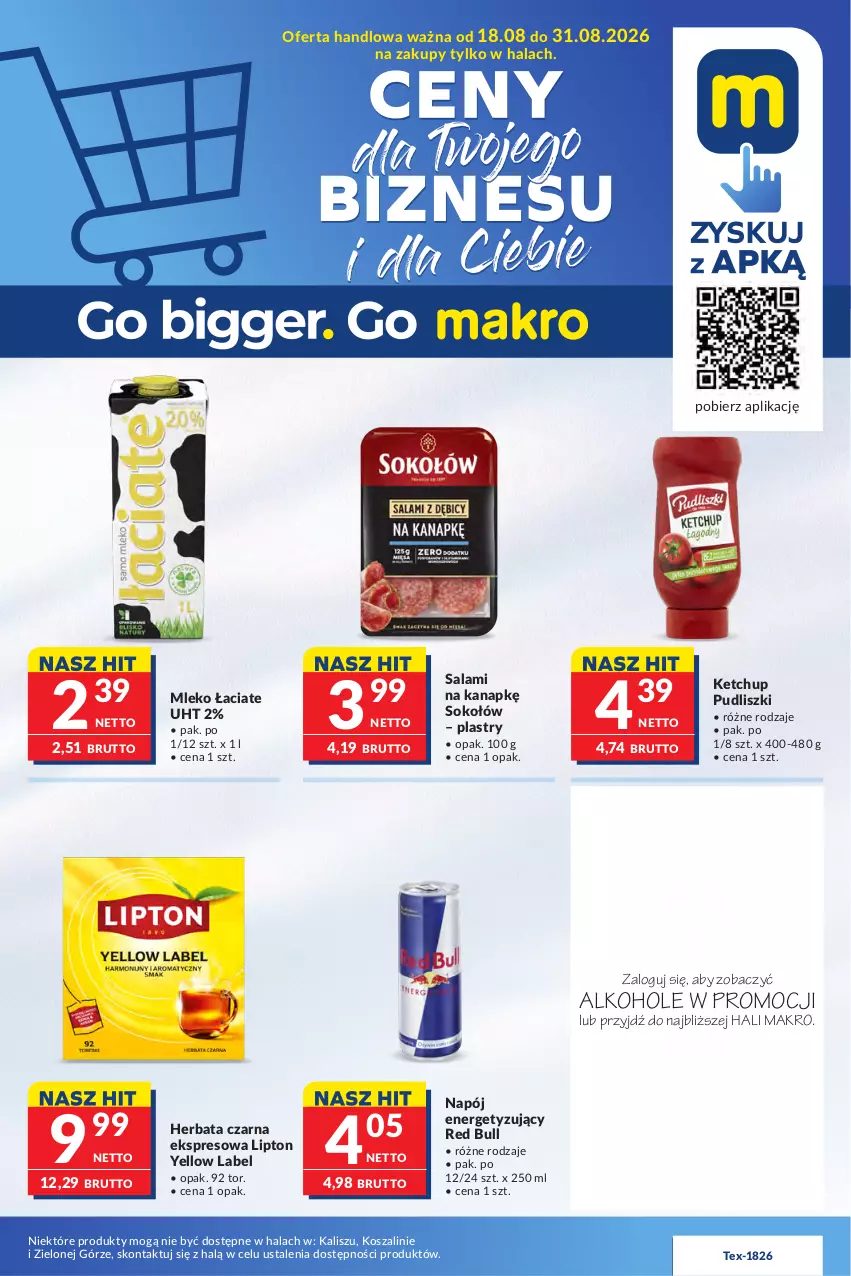Gazetka promocyjna Makro - Mega oferty dla Twojego Sklepu - ważna 18.08 do 31.08.2026 - strona 1 - produkty: Alkohole, Harnaś, Herbata, Herbata czarna, JBL, Ketchup, Kosz, Lipton, Mleko, Napój, Piwo, Pudliszki, Red Bull, Salami, Sok, Sokołów, Szal