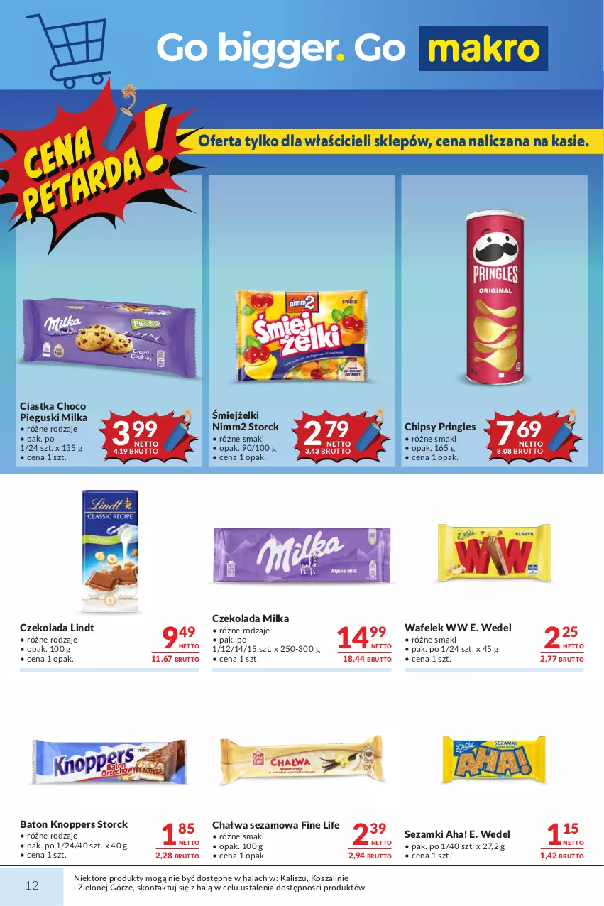 Gazetka promocyjna Makro - Mega oferty dla Twojego Sklepu - ważna 18.08 do 31.08.2026 - strona 12 - produkty: Baton, Chałwa, Chipsy, Ciastka, Czekolada, E. Wedel, Knoppers, Kosz, Lindt, Milka, Nimm2, Pringles, Sezam, Szal, Wafelek