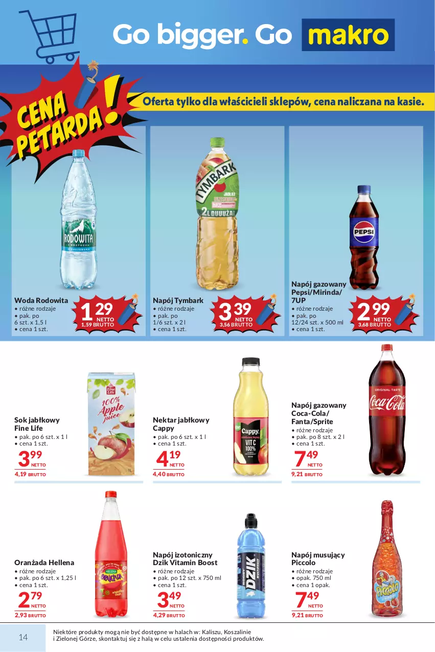 Gazetka promocyjna Makro - Mega oferty dla Twojego Sklepu - ważna 18.08 do 31.08.2026 - strona 14 - produkty: 7up, Cappy, Coca-Cola, Fa, Fanta, Hellena, Kosz, Mirinda, Mus, Napój, Napój gazowany, Napój izotoniczny, Napój musujący, Nektar, Oranżada, Pepsi, Sok, Sok jabłkowy, Sprite, Szal, Tymbark, Woda