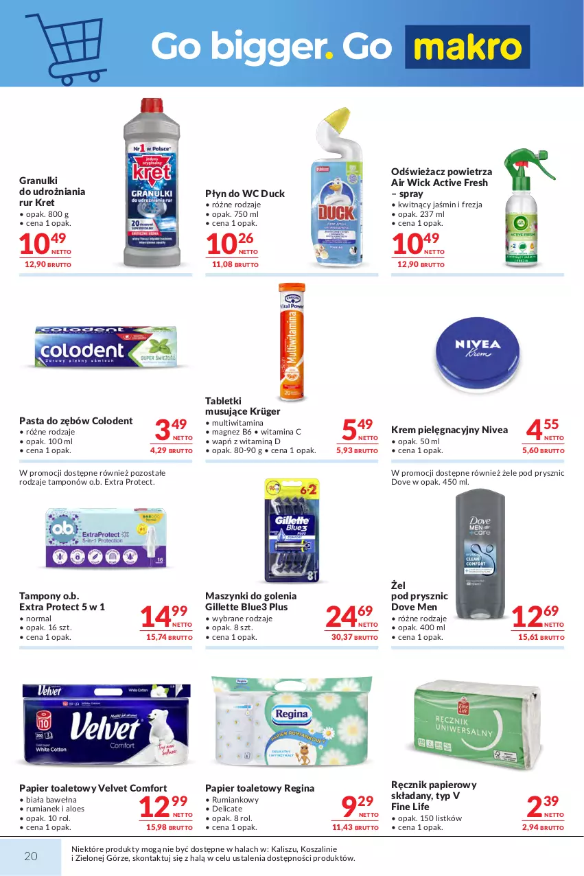 Gazetka promocyjna Makro - Mega oferty dla Twojego Sklepu - ważna 18.08 do 31.08.2026 - strona 20 - produkty: Air Wick, Dove, Duck, Gillette, Gin, Gra, Kosz, Kret, Magnez, Mus, Nivea, O.B., Odświeżacz powietrza, Papier, Papier toaletowy, Pasta do zębów, Płyn do wc, Ręcznik, Rum, Szal, Tablet, Tabletki musujące, Tampony, Velvet, Wełna
