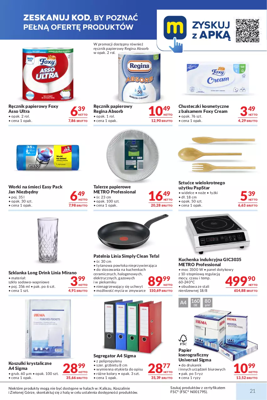 Gazetka promocyjna Makro - Mega oferty dla Twojego Sklepu - ważna 18.08 do 31.08.2026 - strona 21 - produkty: Biuro, Chusteczki, Chusteczki kosmetyczne, Fa, Foxy, Gin, Gra, Halo, Jan Niezbędny, Kosz, Metro, Noż, Papier, Patelnia, Piekarnik, Ręcznik, Ser, Szal, Szklanka, Talerz, Tefal, Top, Tytan, Worki na śmiec, Worki na śmieci