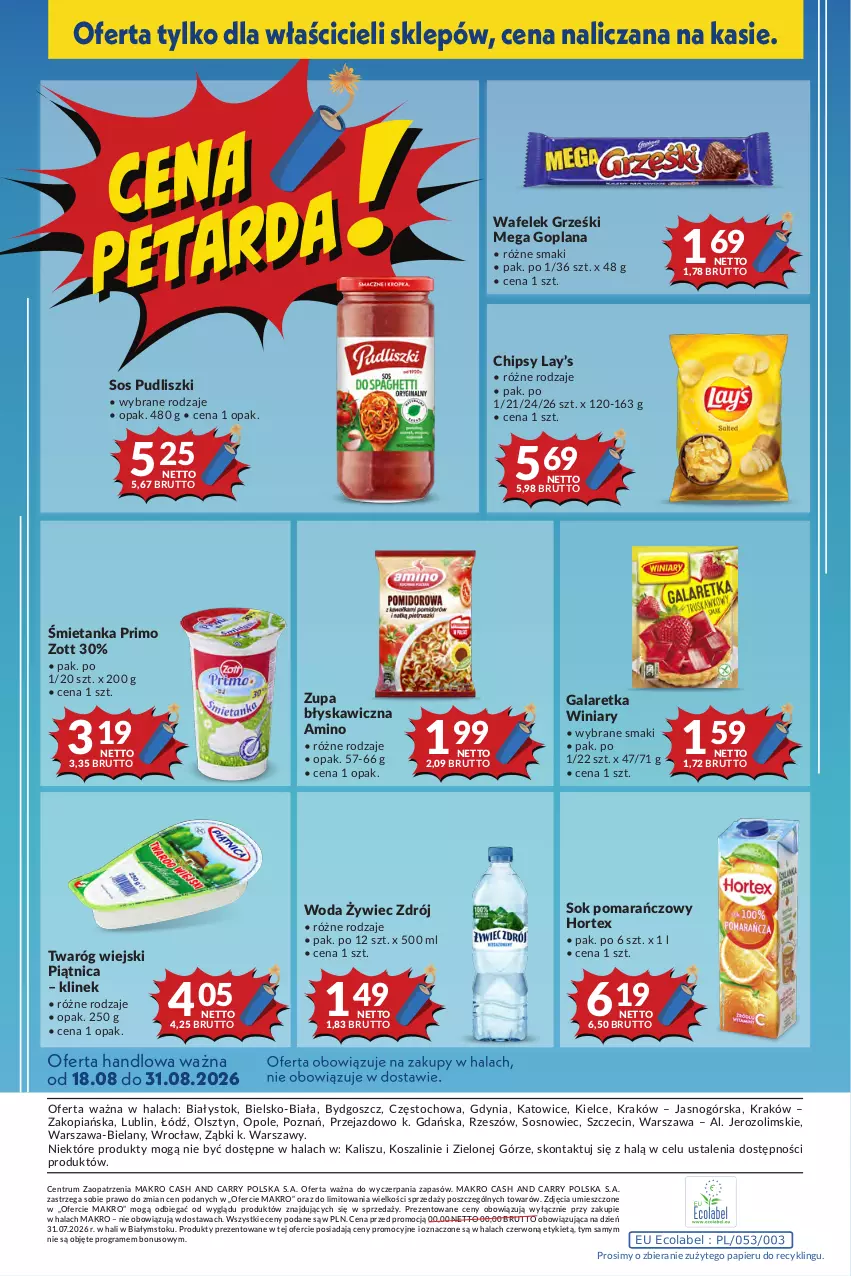 Gazetka promocyjna Makro - Mega oferty dla Twojego Sklepu - ważna 18.08 do 31.08.2026 - strona 24 - produkty: Chipsy, Gala, Galaretka, Goplana, Gra, Grześki, Hortex, Kosz, LANA, Lay’s, Papier, Piątnica, Pudliszki, Rum, Sok, Sok pomarańczowy, Sos, Szal, Twaróg, Wafelek, Winiary, Woda, Zott, Zupa