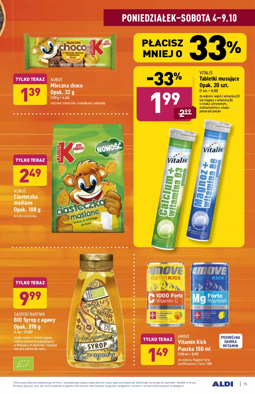 Gazetka promocyjna Aldi - ważna 04.10 do 09.10.2021 - strona 15 - produkty: Deser, Kawa, Kubuś, Magnez, Mus, Nektar, Ser, Syrop, Tablet, Tabletki musujące, Tera