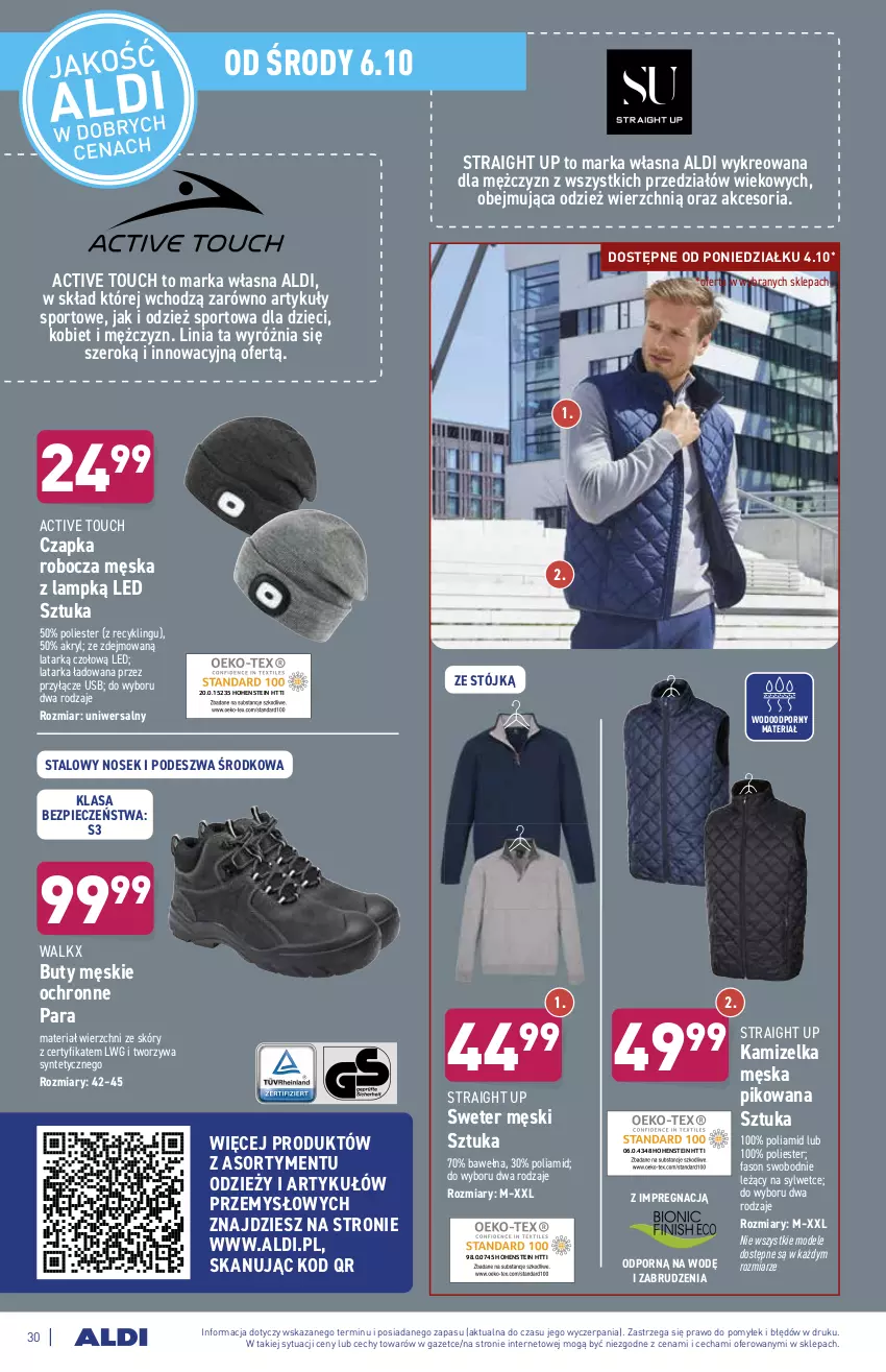 Gazetka promocyjna Aldi - ważna 04.10 do 09.10.2021 - strona 30 - produkty: Buty, Czapka, Dzieci, Fa, Kamizelka, Latarka, Piec, Por, Sport, Sweter, Tarka, Wełna