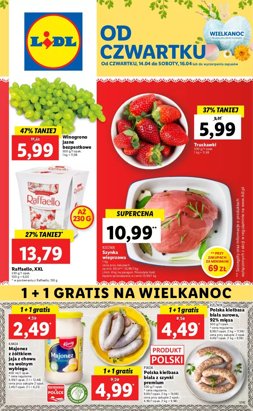 Gazetka promocyjna Lidl - GAZETKA - ważna 14.04 do 16.04.2022 - strona 1 - produkty: Fa, Gra, Jaja, Kiełbasa, Kiełbasa biała, Majonez, PIKOK, Por, Raffaello, Szynka, Szynka wieprzowa, Truskawki, Wino