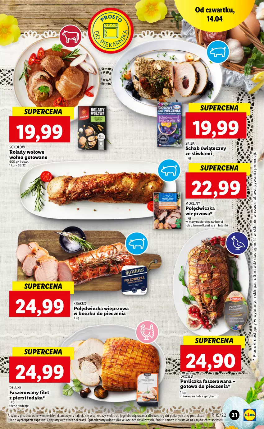 Gazetka promocyjna Lidl - GAZETKA - ważna 14.04 do 16.04.2022 - strona 21 - produkty: Fa, Filet z piersi indyka, Krakus, Morliny, Perliczka, Piec, Polędwiczka wieprzowa, Sok, Sokołów