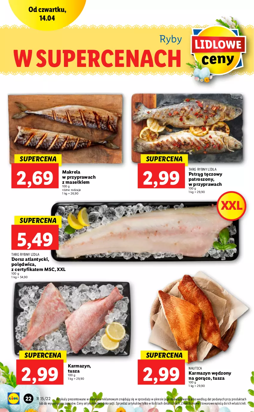 Gazetka promocyjna Lidl - GAZETKA - ważna 14.04 do 16.04.2022 - strona 22 - produkty: Dorsz, Karmazyn wędzony, Polędwica, Pstrąg, Pstrąg tęczowy, Tusz