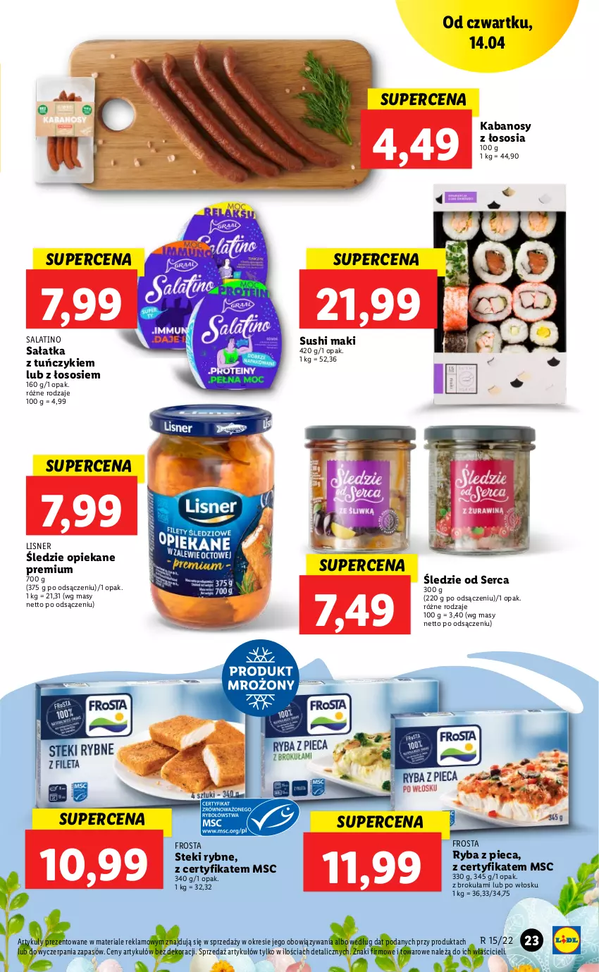 Gazetka promocyjna Lidl - GAZETKA - ważna 14.04 do 16.04.2022 - strona 23 - produkty: Frosta, Kabanos, Lisner, Piec, Ryba, Sałat, Sałatka, Ser, Sos, Stek, Sushi, Tuńczyk