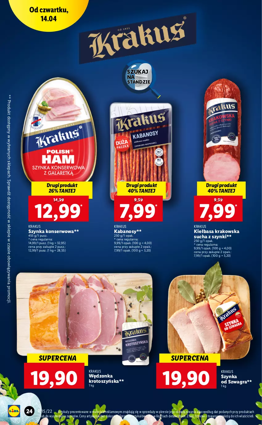 Gazetka promocyjna Lidl - GAZETKA - ważna 14.04 do 16.04.2022 - strona 24 - produkty: Gra, Kabanos, Kiełbasa, Kiełbasa krakowska, Krakus, Ser, Szynka, Szynka konserwowa