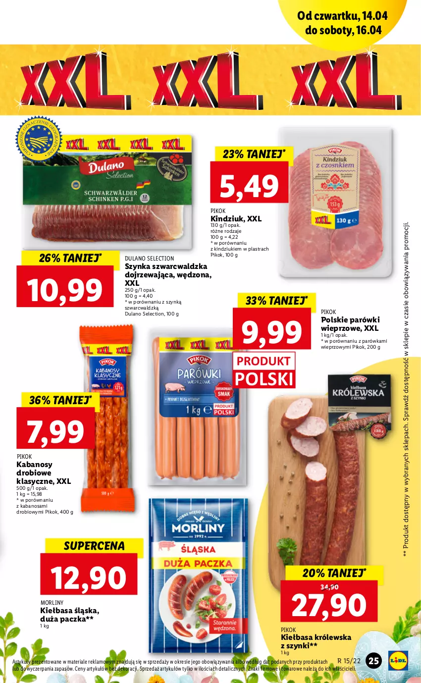 Gazetka promocyjna Lidl - GAZETKA - ważna 14.04 do 16.04.2022 - strona 25 - produkty: Dulano, Kabanos, Kiełbasa, Kiełbasa śląska, Kindziuk, Morliny, Parówki, PIKOK, Por, Szynka