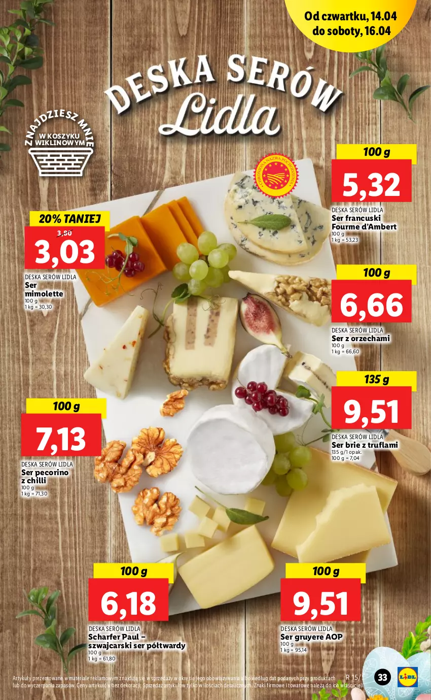 Gazetka promocyjna Lidl - GAZETKA - ważna 14.04 do 16.04.2022 - strona 33 - produkty: Brie, Cars, Deska serów, Kosz, Mimolette, Pecorino, Ser