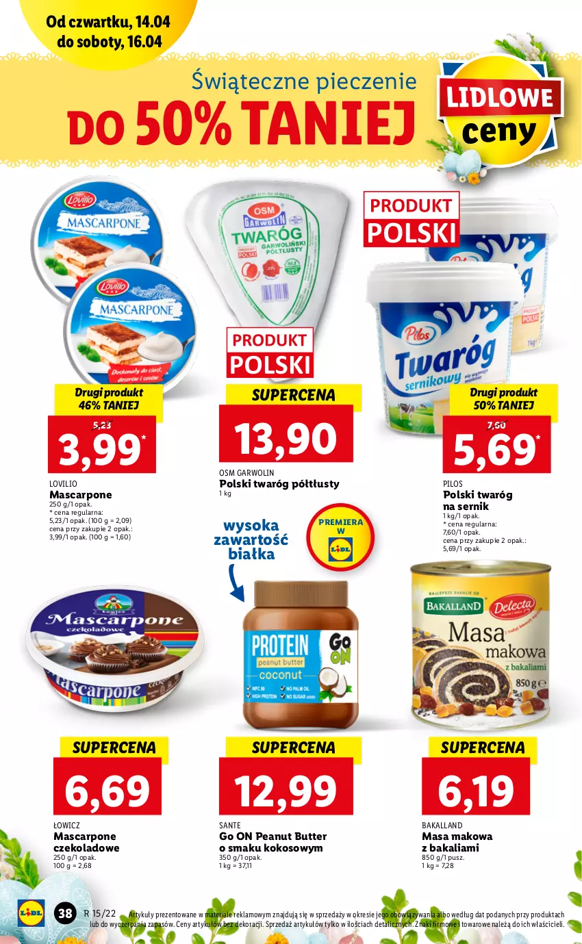 Gazetka promocyjna Lidl - GAZETKA - ważna 14.04 do 16.04.2022 - strona 38 - produkty: Bakalland, Kokos, Lovi, Mascarpone, Piec, Pilos, Sante, Ser, Sok, Twaróg, Twaróg półtłusty