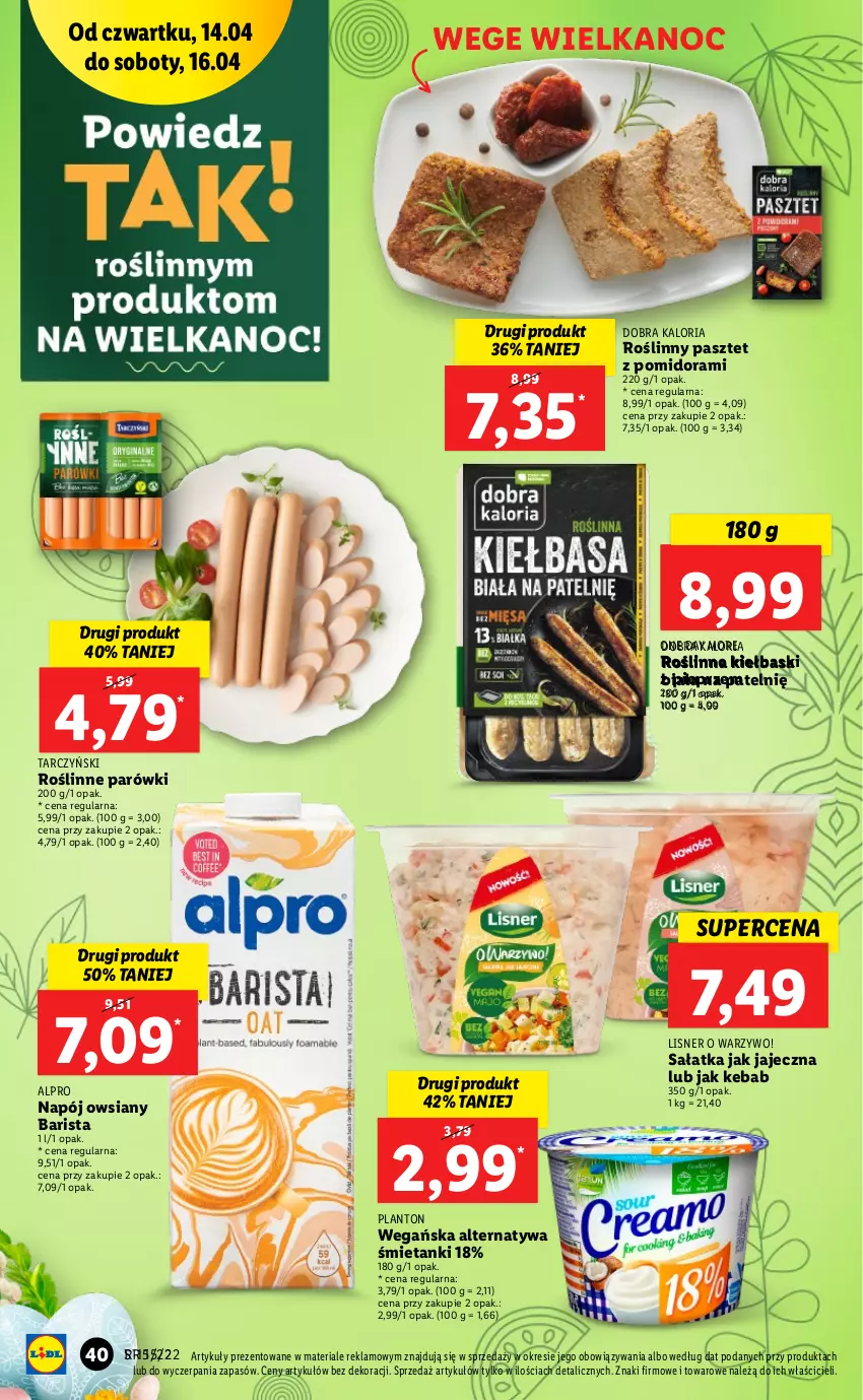 Gazetka promocyjna Lidl - GAZETKA - ważna 14.04 do 16.04.2022 - strona 40 - produkty: Alpro, Kebab, Kiełbasa, Lisner, Napój, Parówki, Pasztet, Pieprz, Sałat, Sałatka, Tarczyński