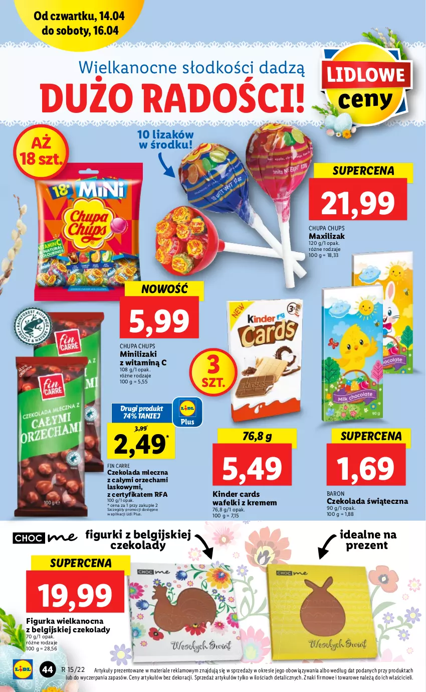 Gazetka promocyjna Lidl - GAZETKA - ważna 14.04 do 16.04.2022 - strona 44 - produkty: Chupa Chups, Czekolada, Czekolada mleczna, Fa, Kinder, LG, Lizaki