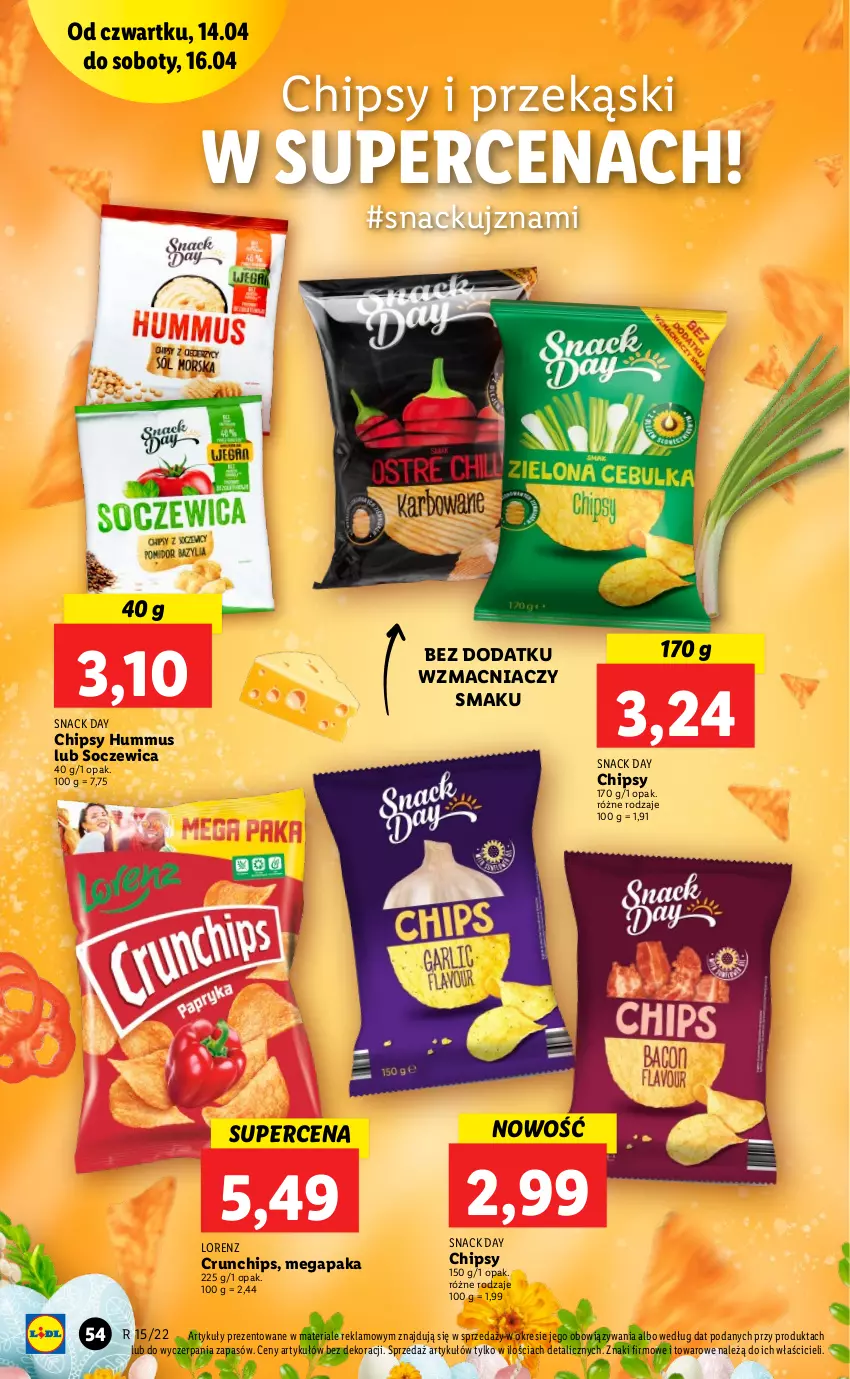 Gazetka promocyjna Lidl - GAZETKA - ważna 14.04 do 16.04.2022 - strona 54 - produkty: Chipsy, Crunchips, Hummus, Lorenz, Mus